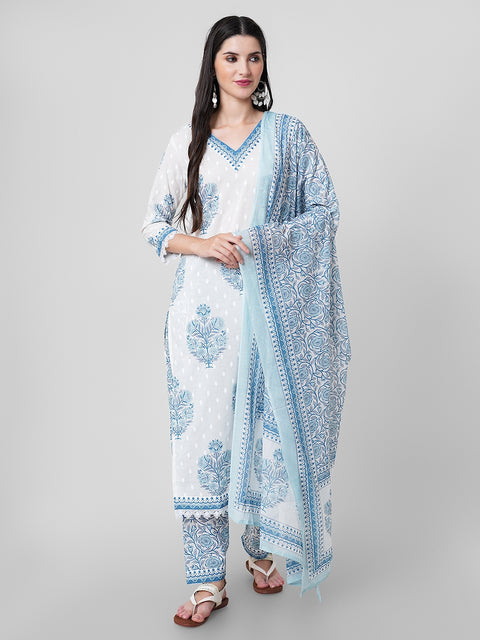 Arayna Women's Cotton Printed Floral Straight Kurta with Palazzo Pants and Printed Dupatta Set, Light Blue