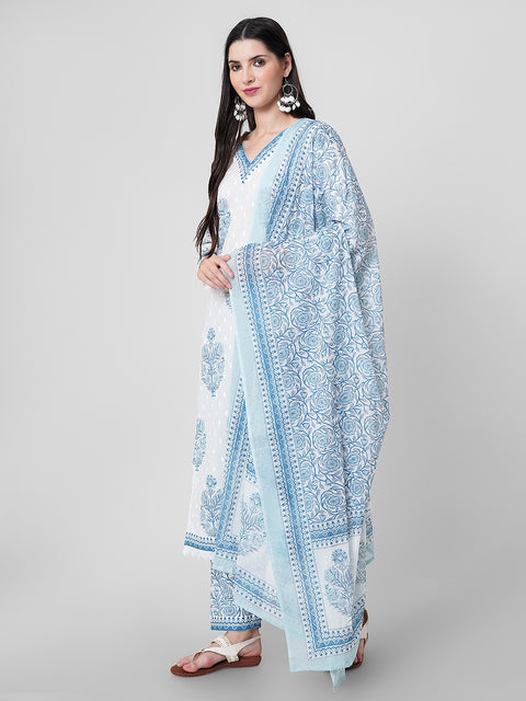 Arayna Women's Cotton Printed Floral Straight Kurta with Palazzo Pants and Printed Dupatta Set, Light Blue