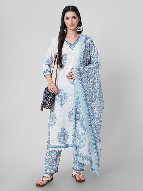 Arayna Women's Cotton Printed Floral Straight Kurta with Palazzo Pants and Printed Dupatta Set, Light Blue