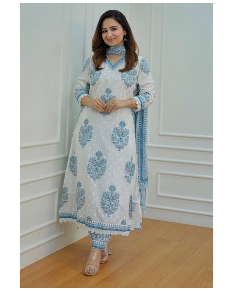 Arayna Women's Cotton Printed Floral Straight Kurta with Palazzo Pants and Printed Dupatta Set, Light Blue