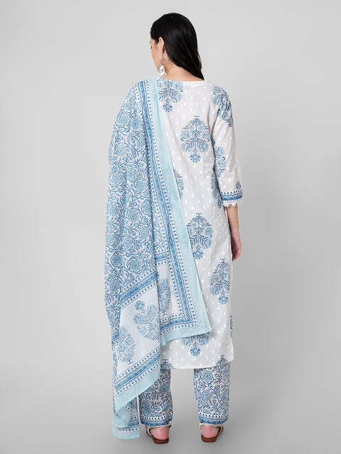 Arayna Women's Cotton Printed Floral Straight Kurta with Palazzo Pants and Printed Dupatta Set, Light Blue