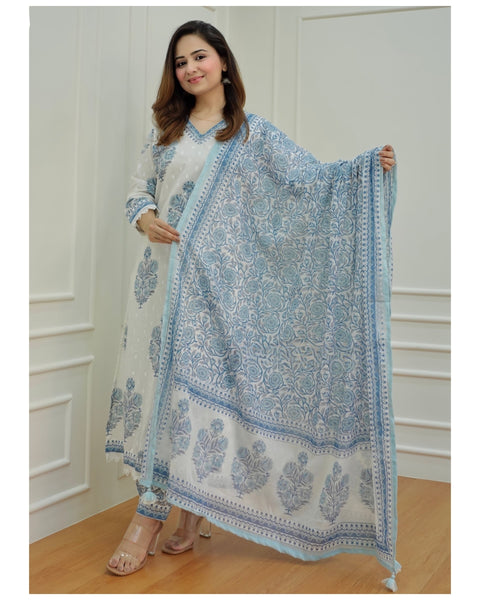 Arayna Women's Cotton Printed Floral Straight Kurta with Palazzo Pants and Printed Dupatta Set, Light Blue