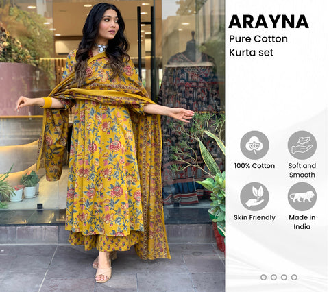 Arayna Women's Pure Cotton Block Printed Kurta Set with Palazzo Pants & Dupatta - Ethnic Wear, Yellow