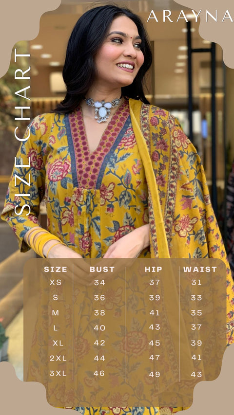 Arayna Women's Pure Cotton Block Printed Kurta Set with Palazzo Pants & Dupatta - Ethnic Wear, Yellow