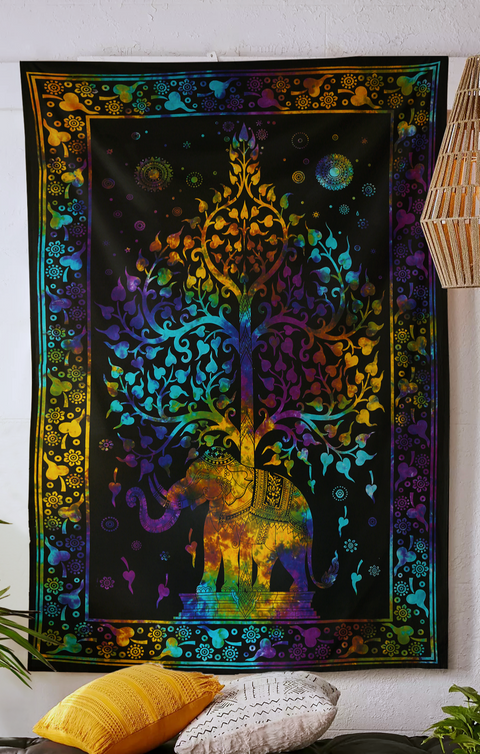 SheetKart Cotton Printed Wall Hanging Tapestry - Hand Made Tie & Dye | Elephant Mandala Tree Print | Proudly Made in India