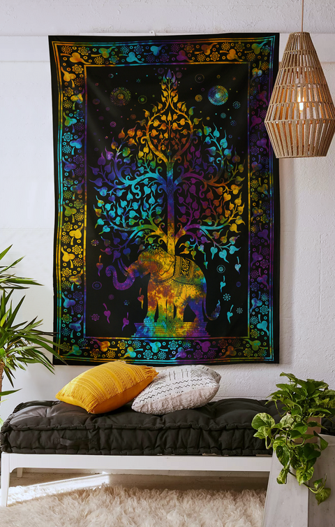 SheetKart Cotton Printed Wall Hanging Tapestry - Hand Made Tie & Dye | Elephant Mandala Tree Print | Proudly Made in India