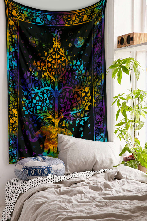 SheetKart Cotton Printed Wall Hanging Tapestry - Hand Made Tie & Dye | Elephant Mandala Tree Print | Proudly Made in India