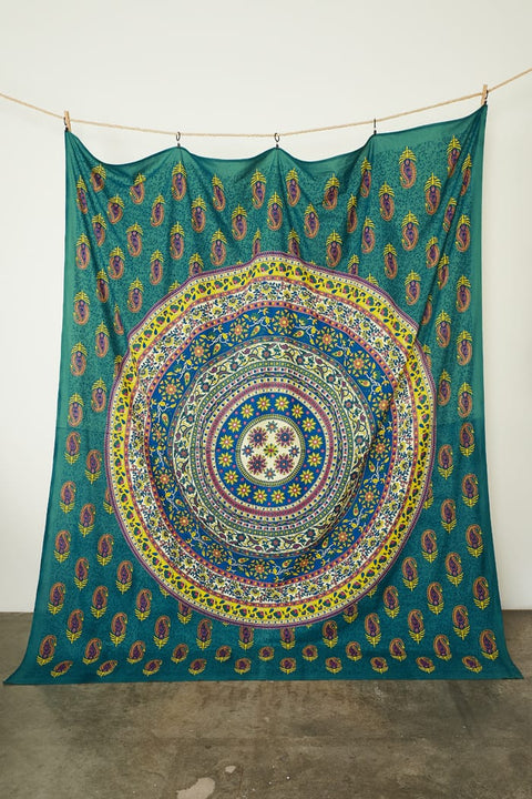 SheetKart Bohemian Mandala Meditation Tapestry | 100% Cotton Hand Screen Printed | Artistic Wall Hanging for Home Decor | Green & Yellow Accents | 84 x 94 inches | Proudly Made in India