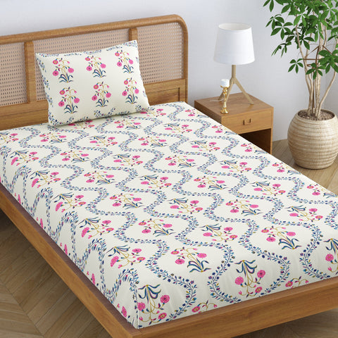 SheetKart Pure Cotton Floral Printed Jaipuri Bedsheet for Single Bed with 1 Pillow Cover - Pink Lily