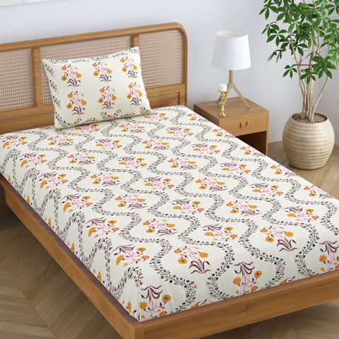 SheetKart Pure Cotton Floral Printed Jaipuri Bedsheet for Single Bed with 1 Pillow Cover - Yellow Lily