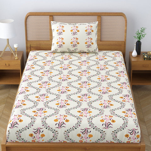 SheetKart Pure Cotton Floral Printed Jaipuri Bedsheet for Single Bed with 1 Pillow Cover - Yellow Lily