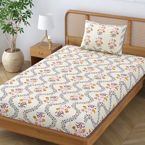 SheetKart Pure Cotton Floral Printed Jaipuri Bedsheet for Single Bed with 1 Pillow Cover - Yellow Lily