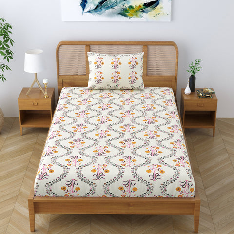 SheetKart Pure Cotton Floral Printed Jaipuri Bedsheet for Single Bed with 1 Pillow Cover - Yellow Lily