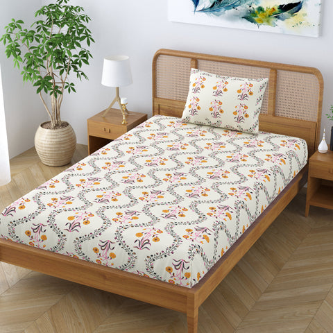 SheetKart Pure Cotton Floral Printed Jaipuri Bedsheet for Single Bed with 1 Pillow Cover - Yellow Lily