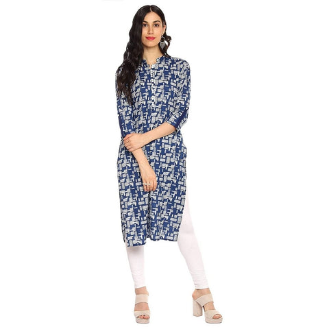 Arayna Blue and Off White Printed Straight Kurti for Women