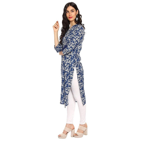 Arayna Blue and Off White Printed Straight Kurti for Women