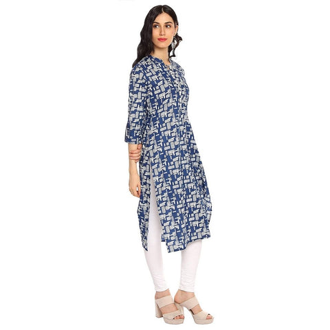 Arayna Blue and Off White Printed Straight Kurti for Women