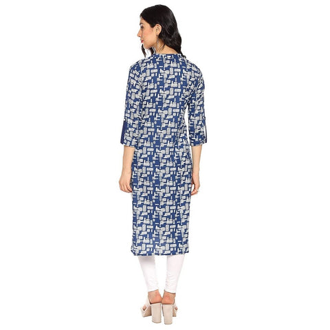 Arayna Blue and Off White Printed Straight Kurti for Women