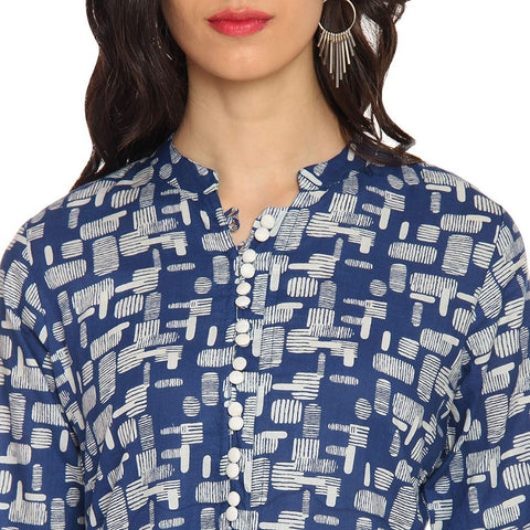 Arayna Blue and Off White Printed Straight Kurti for Women