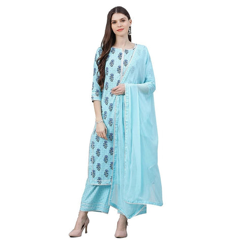 Arayna Women's Rayon Solid Straight Kurti Palazzo Pants Set with Dupatta