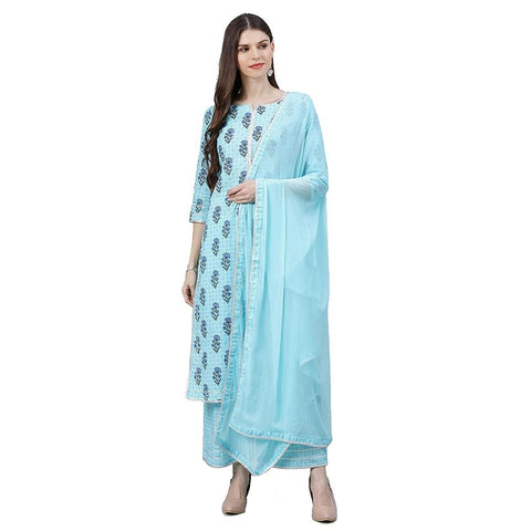 Arayna Women's Rayon Solid Straight Kurti Palazzo Pants Set with Dupatta