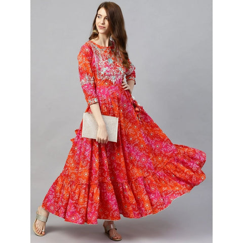 Arayna Women's Cotton Printed Anarkali Embroidery Kurti in  Red & Orange Color - SheetKart