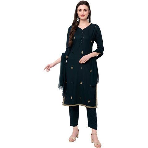 Arayna Women's Embroidered Kurta Palazzo with Dupatta Set in Forest Green - SheetKart