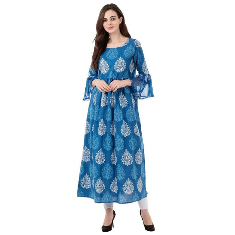 Arayna Women's Blue and White Long Cotton Printed A-Line Kurti - SheetKart