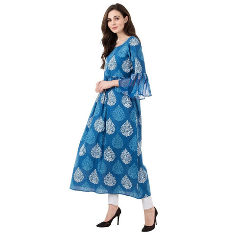 Arayna Women's Blue and White Long Cotton Printed A-Line Kurti - SheetKart