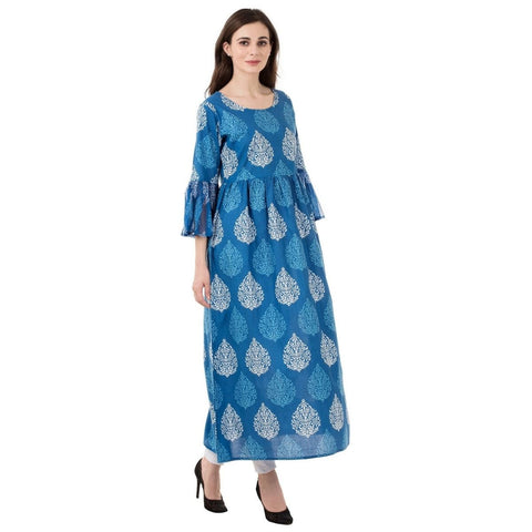 Arayna Women's Blue and White Long Cotton Printed A-Line Kurti - SheetKart