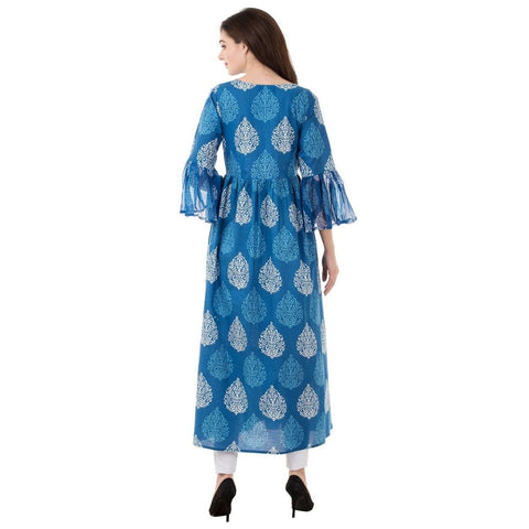 Arayna Women's Blue and White Long Cotton Printed A-Line Kurti - SheetKart