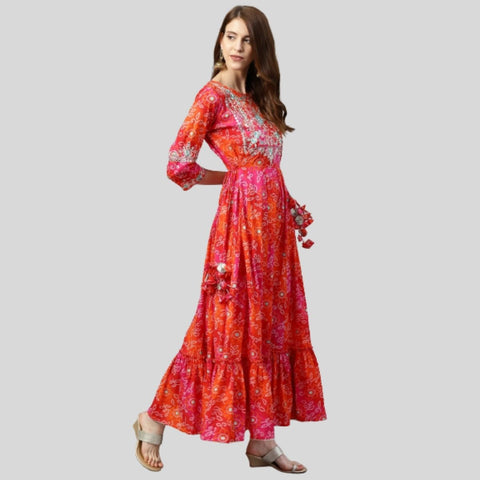 Arayna Women's Cotton Printed Anarkali Embroidery Kurti in  Red & Orange Color - SheetKart