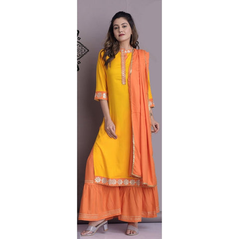 Arayna Women's Rayon Kurti Hand Work Gotta Patti Palazzo Dupatta Set, Orange Yellow - SheetKart