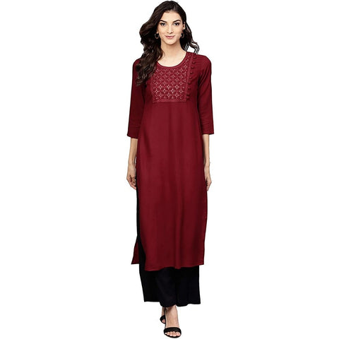 Arayna Women's Rayon Embroidered Straight Kurta Set with Palazzo Pants - SheetKart