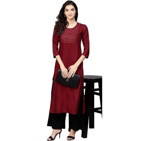 Arayna Women's Rayon Embroidered Straight Kurta Set with Palazzo Pants - SheetKart