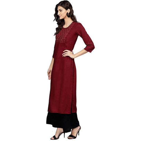 Arayna Women's Rayon Embroidered Straight Kurta Set with Palazzo Pants - SheetKart