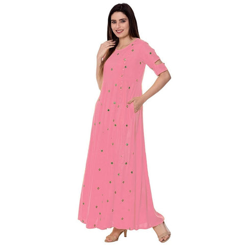 Arayna Women's Rayon Pink Anarkali Kurti - SheetKart