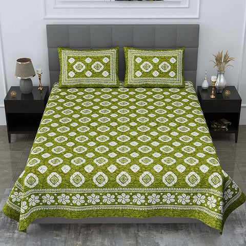 Printed Double Bedsheet with 2 Pillow Covers, Shamrock Green