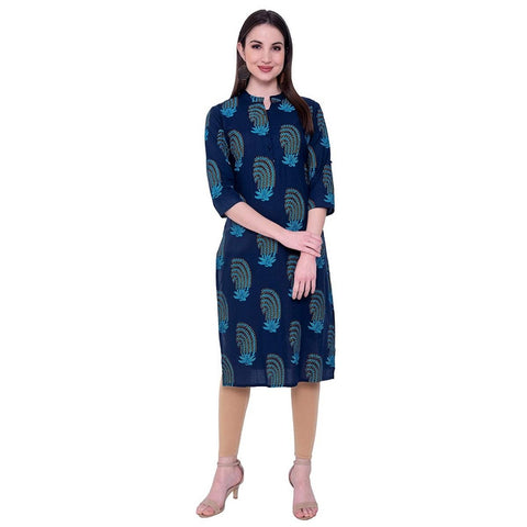 Arayna Women's Navy Blue Cotton Printed Straight Kurti - SheetKart