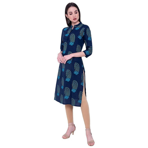 Arayna Women's Navy Blue Cotton Printed Straight Kurti - SheetKart