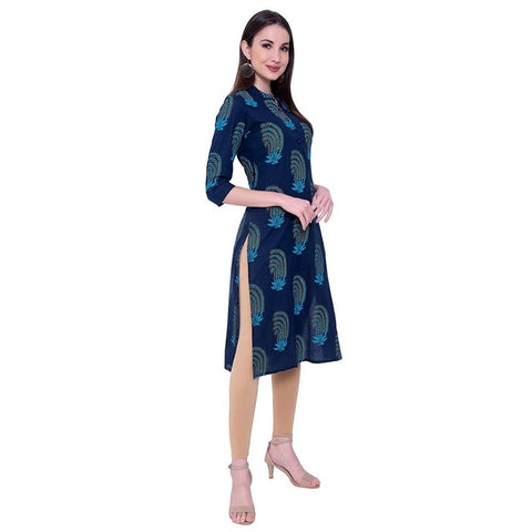 Arayna Women's Navy Blue Cotton Printed Straight Kurti - SheetKart