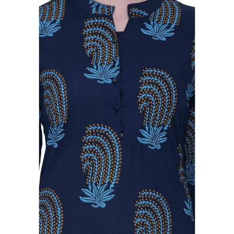 Arayna Women's Navy Blue Cotton Printed Straight Kurti - SheetKart