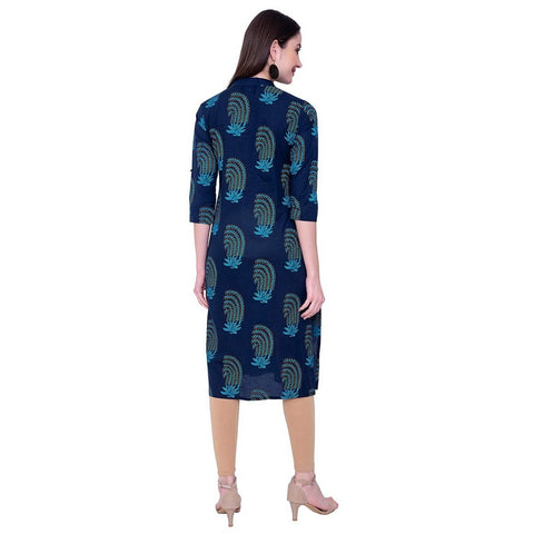 Arayna Women's Navy Blue Cotton Printed Straight Kurti - SheetKart