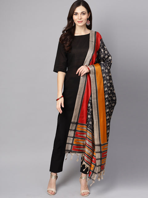 Women's Cotton Solid Straight Kurta Set with Palazzo Pants Pants and Printed Dupatta