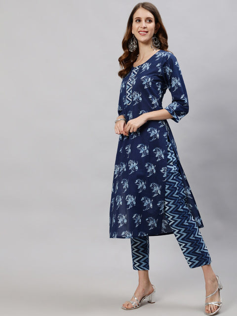 Arayna Women's Cotton Printed Straight Kurti with Palazzo Pants & Dupatta, Floral Dabu