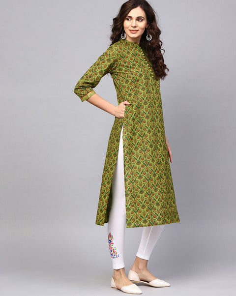 Arayna Women's Cotton Printed Straight Kurti, Floral, Green