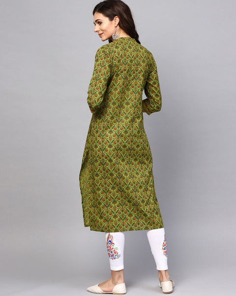 Arayna Women's Cotton Printed Straight Kurti, Floral, Green