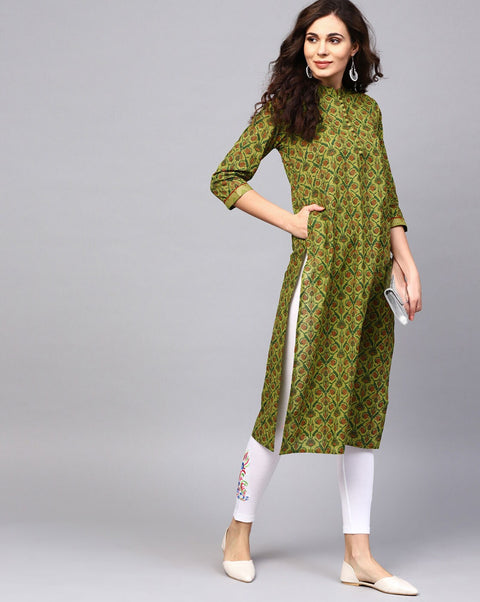 Arayna Women's Cotton Printed Straight Kurti, Floral, Green