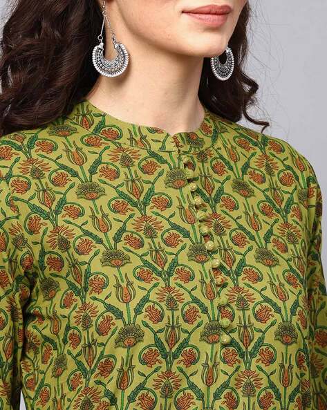 Arayna Women's Cotton Printed Straight Kurti, Floral, Green