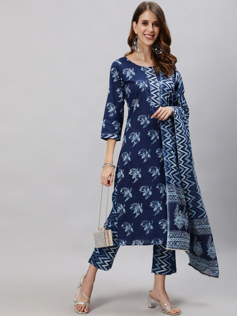 Arayna Women's Cotton Printed Straight Kurti with Palazzo Pants & Dupatta, Floral Dabu